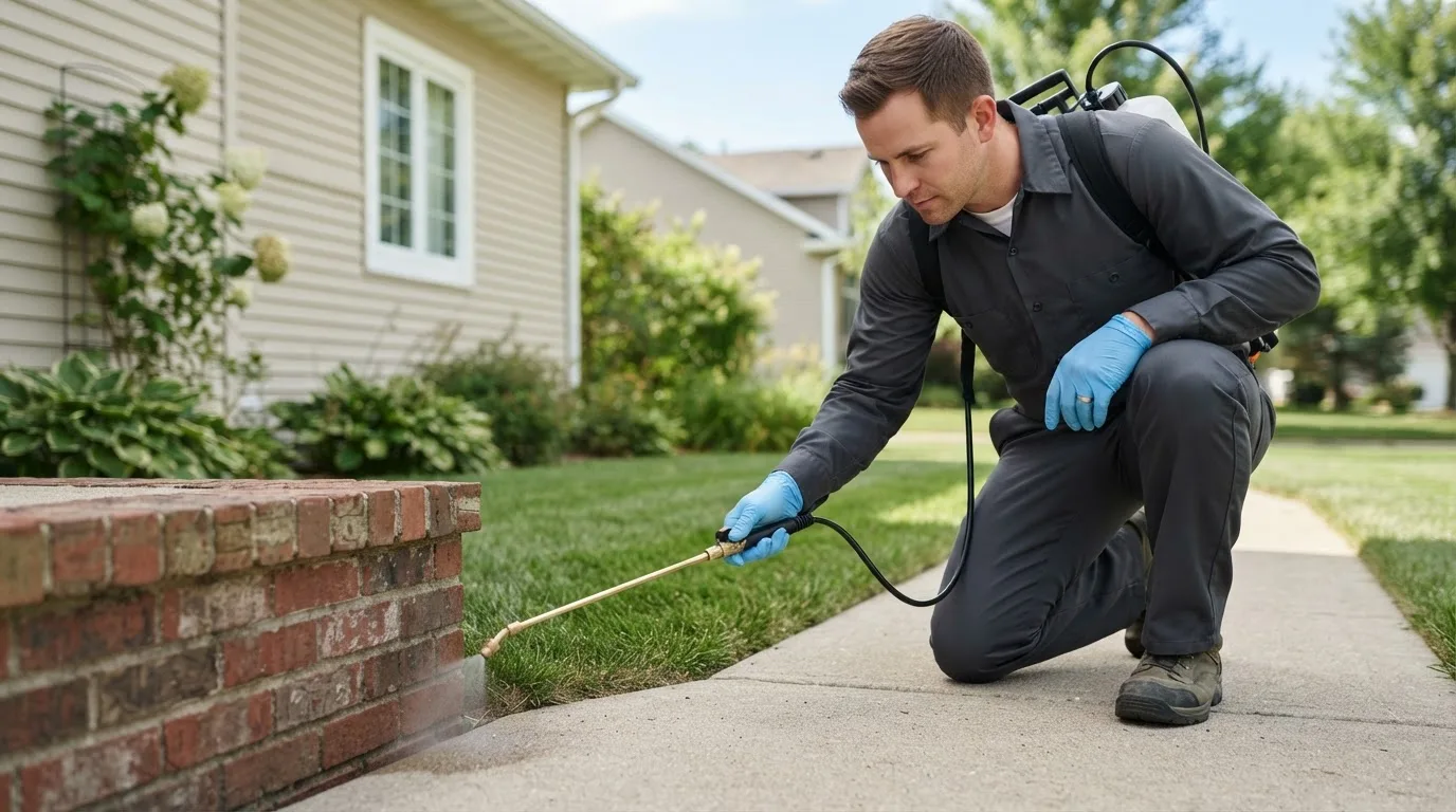 Pest control technician treating a home near Almond, WI